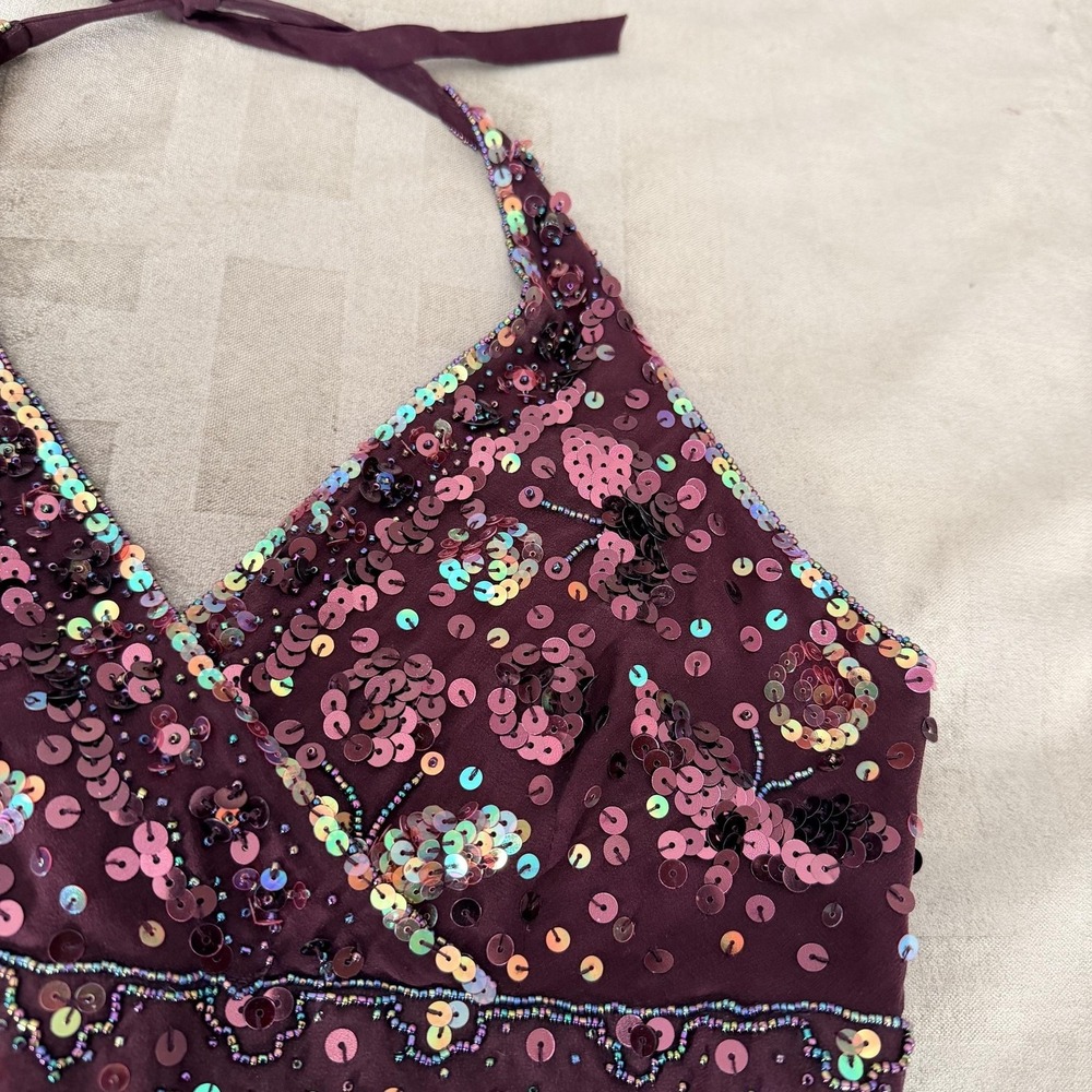 VTG Y2K Bebe Sequin Butterfly Tank Top S Purple Halter Chiffon Party Cami Beaded - Picture 6 of 12